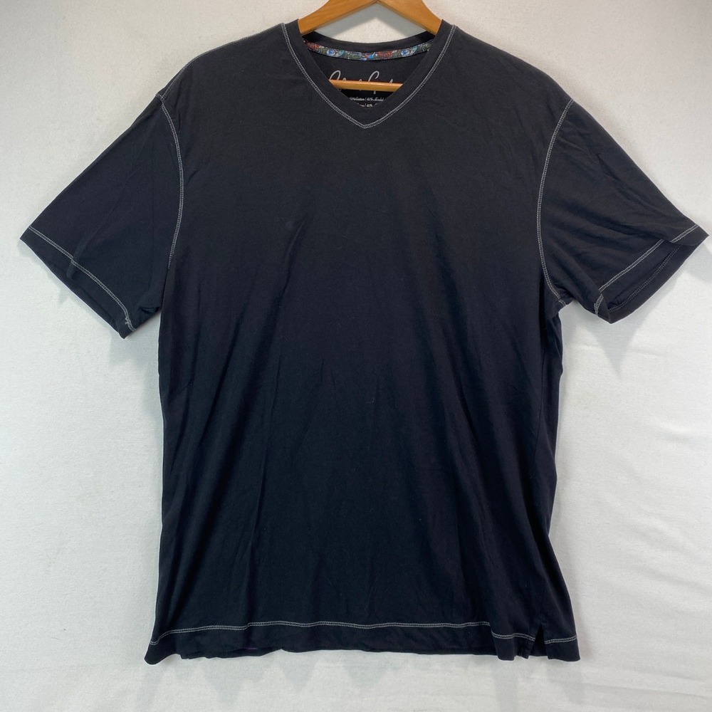Robert Graham V-Neck Contrast Stitch Tee Mens Large Black Cotton Modal Shirt
